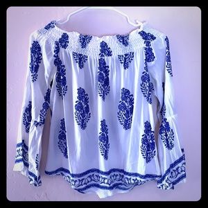 Blue and White off shoulder Greek top